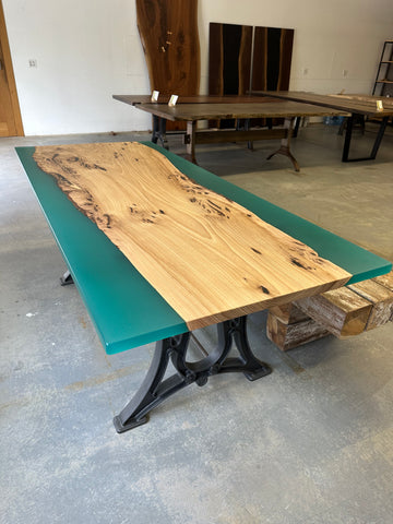 Elm Dining table with green resin edge